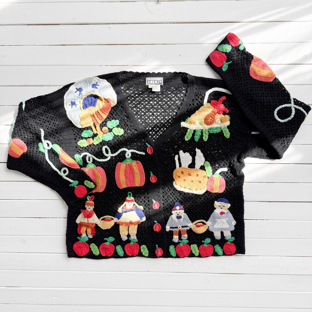 vtg Berek‎ Marta D Thanksgiving hand knit cotton sweater size L